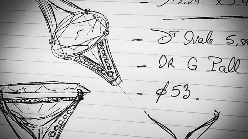 création de bijoux - dessin croquis bague or blanc et diamants