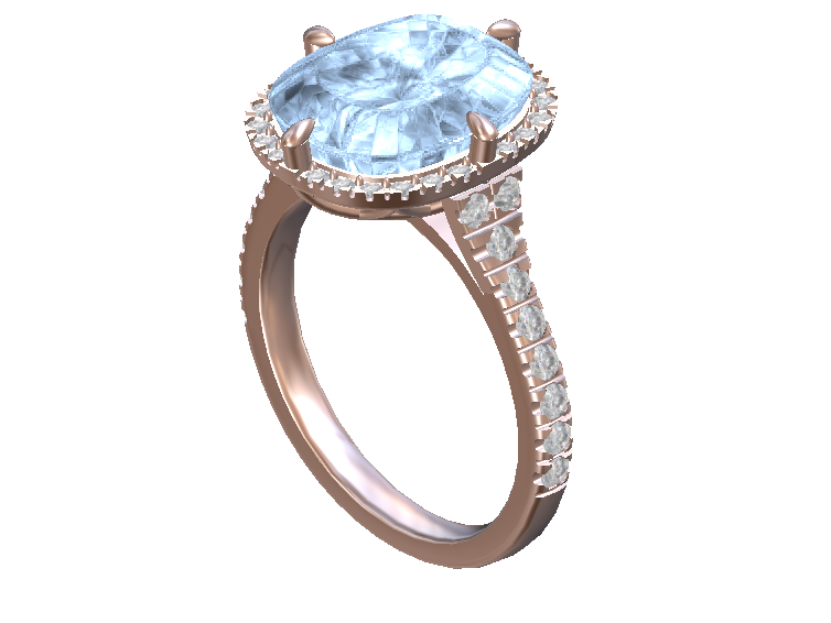 création de bijoux 3D - bague entourage or rouge diamants aigue marine