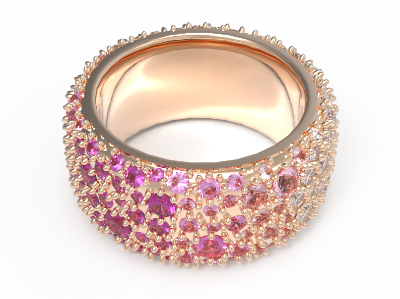 création de bijoux 3D - bague pavage or rouge rubis saphir rose diamants